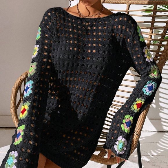 Black Boho Womens Floral Pattern Hollow Out Cover Up Dress - Picture 4 of 5